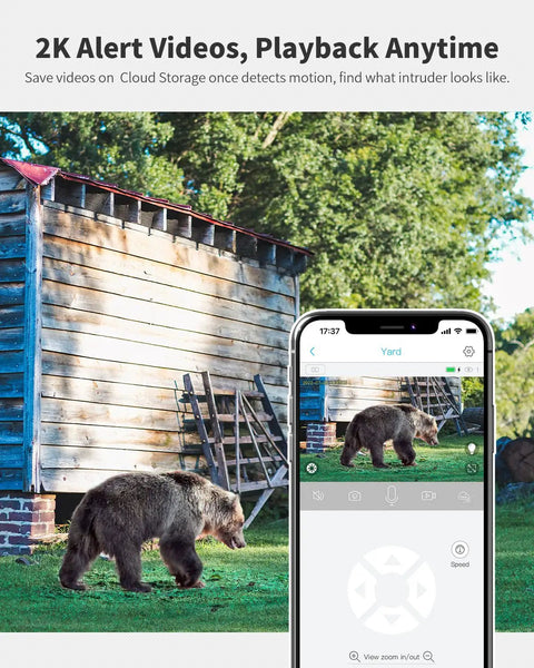 Solar-Powered Wireless Outdoor Security Camera with 360 Degree Pan-Tilt monitoring bear near shed on smartphone app.