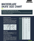 Macroblade skate size chart with foot measurement guide and Rollerblade logo at top right for sizing fitness inline skates.