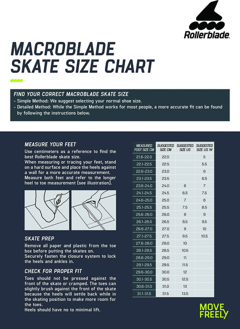 Size chart for Macroblade 80 ABT Women's Fitness Inline Skates for Training in Glacier Grey Mint