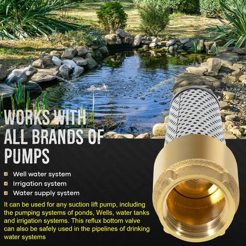 1 Inch Brass Foot Valve No Lead Heavy Duty Workhorse Backflow Preventer With Female Connection in front of a pond