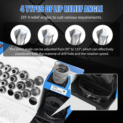 4 types of lip relief angle settings on Top Notch Drill Bits Sharpener Machine For 3 To 20mm With 18 Collets, Adjustable Lip Relief And Point Angles.