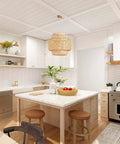 Hand Woven Bamboo Pendant Light With Natural Rattan Basket Shade Dope Beige Bamboo Chandelier above a kitchen island