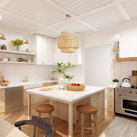 Hand Woven Bamboo Pendant Light With Natural Rattan Basket Shade Dope Beige Bamboo Chandelier above a kitchen island