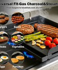 Nonstick Nanoceramic Griddle Plate for Backyard Cookouts And Grill Sessions with assorted foods cooking on gas stove