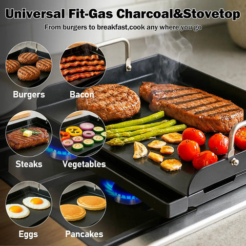 Nonstick Nanoceramic Griddle Plate for Backyard Cookouts And Grill Sessions with assorted foods cooking on gas stove