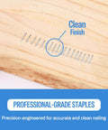 Rock Solid 71/12 304 Stainless Steel Upholstery Staples 22 Gauge 3/8 Crown 1/2 Leg displayed on wood for clean finishing.