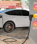 Nema 6-50P To 14-50R EV Level 2 Charging Adapter 32 Amp Max shown connected to a Tesla on a driveway.