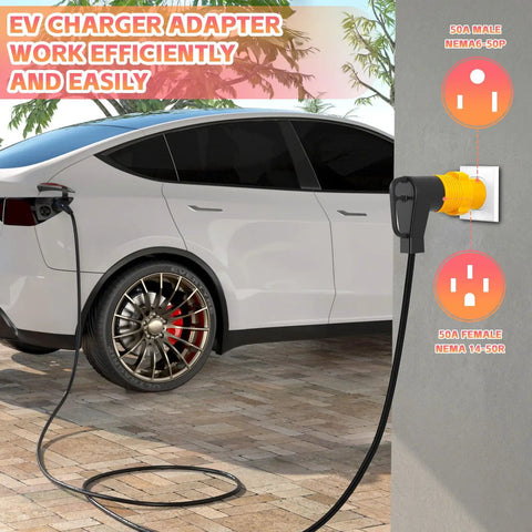 Nema 6-50P To 14-50R EV Level 2 Charging Adapter 32 Amp Max shown connected to a Tesla on a driveway.