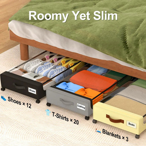 Under Bed Storage With Wheels 2 Pack 48L Lidded Rolling Bins For Shoes And Clothes Grey Narrow Metal Drawers Easy Pull Out Design Fits Dorm Rooms And Closets Space Saving 30.7 X 16.9 X 6.69 Inches shown under a bed with shoes, clothes, and blankets.