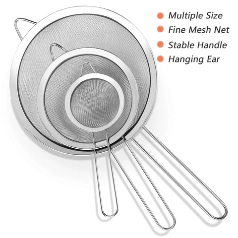 Three Piece Fine Mesh Strainer Set With Handles For Sifting Wet Or Dry Ingredients In The Kitchen Go To Stainless Steel Sieve