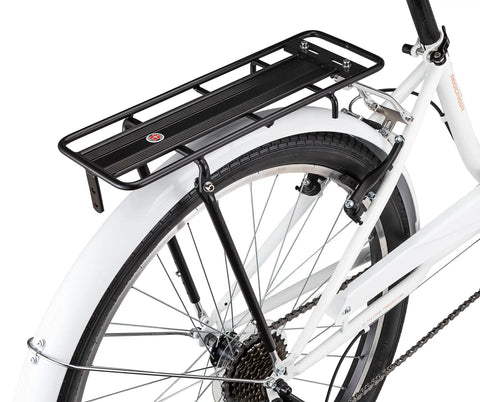 Rear Bike Rack For Everyday Hauls Lightweight Durable Cargo Carrier With 26 Lb Capacity That Fits Most Adult Bikes on white bike