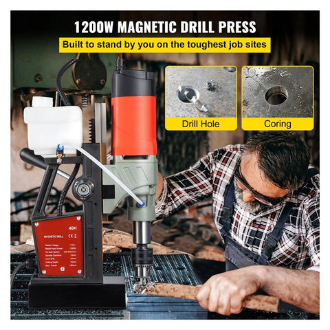 Heavy Duty 1200W Magnetic Drill Press With 40mm Boring Capacity, 13000N Magnetic Pull in use for steel drilling.