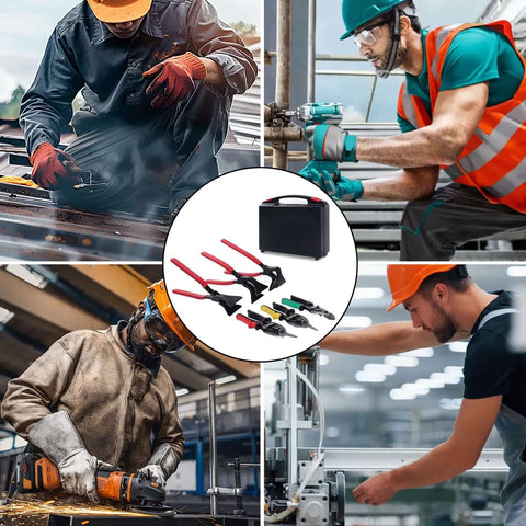 Collage of professionals using Beast Workhorse Heavy Duty 6 Piece Sheet Metal Tools Set with seamers and tin snips in various jobs.