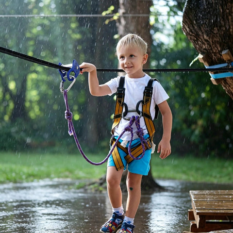 Child using Aluminum Zip Line Kit With Heavy Duty Pulleys And Quick Setup Trolley Slider For Backyard Or Park during rain.