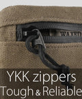 Close-up of YKK zipper on low profile belt zipper pouch for men and women, compact EDC waist pack, water resistant waxed canvas olive.
