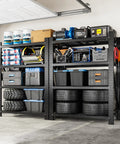 Two Pack Heavy Duty Garage Shelving Unit, Four Tier Industrial Steel Shelves, 2500 Lb Per Shelf, 10000 Lb Total Capacity, loaded with tools
