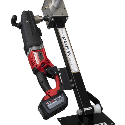 Heavy Duty Cordless Cable Puller Kit With 12 Ah Battery positioned on a sturdy frame, ideal for efficient wire pulling.