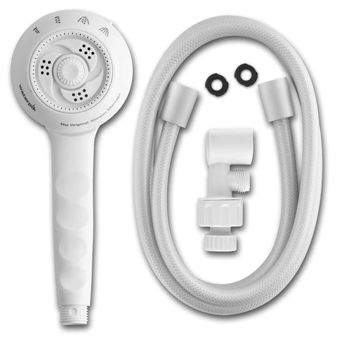 Sm451E 1.8 GPM PowerSpray Plus Shower Massage Head Upgrade with handheld hose, adjustable bracket, four spray settings, white.