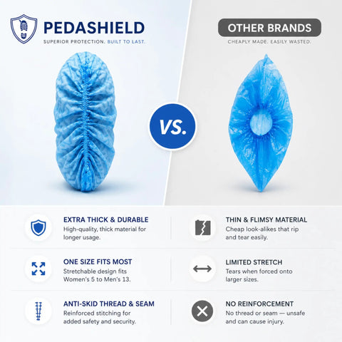 Comparison of XL Disposable Booties - Thick 42GSM Non Slip Shoe Covers vs other brands, highlighting durability and material quality.