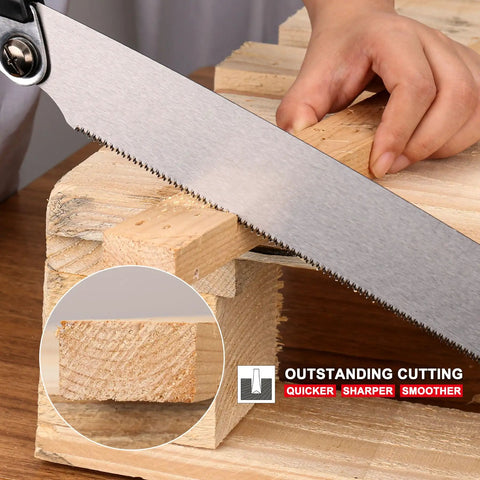 Foldable 9 Inch Kataba Pull Saw For Woodworking, 17 TPI SK5 steel blade cutting wood on a workbench.