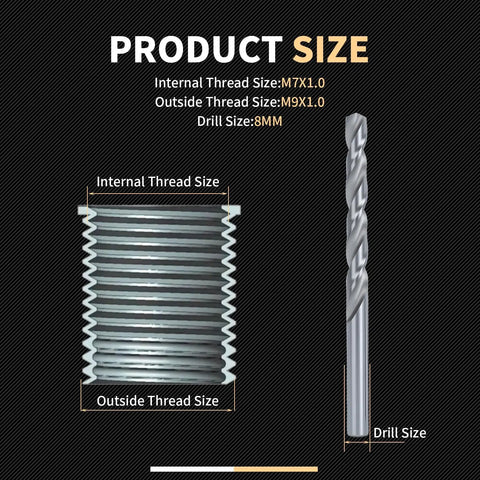 Diagram showing internal thread size M7x1.0, outside thread size M9x1.0, and drill size 8mm for Stainless Steel M7x1.0 Thread Repair Kit With Inserts, Drill, Tap, Counterbore And Installation Driver, 10 Pieces, Beefs Up Stripped Threads With Durable, Reusable Internal Threads In Metal.