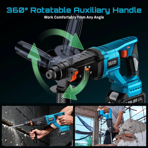 Cordless SDS-Plus Rotary Hammer Drill With 2x5.0Ah Batteries showing 360-degree rotatable handle in use for concrete drilling