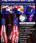 Three Pack 60 Inch American Flag Windsocks With Red White Blue LED Lights For Outdoor Yard Decor Show Off Fourth Of July And 250th Anniversary Patriotic USA Heavy Duty Memorial Day, showing setup instructions and content details.