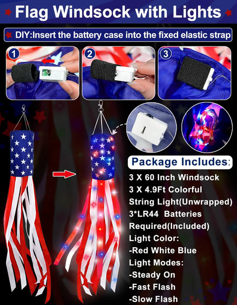 Three Pack 60 Inch American Flag Windsocks With Red White Blue LED Lights For Outdoor Yard Decor Show Off Fourth Of July And 250th Anniversary Patriotic USA Heavy Duty Memorial Day, showing setup instructions and content details.