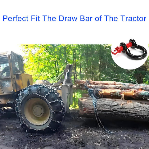 Tractor using 2 Pack 0.75 Inch D Ring Shackles Beefy Heavy Duty Forged Steel Screw Pin Shackles WLL 4.75T for towing logs.