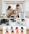 Family using Rock Tumbler Kit With 2 Lb Capacity And 4 Speed Settings 1 To 9 Day Timer TPU Drum Direct Drive Motor For Quiet Low Noise Polishing PC Sound Reduction Cover Belt Free Stone And Gem Polisher with accessories.