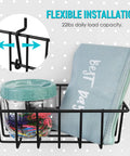 Pegboard Organizer Set 16 Pack With Bins Baskets Cups Hooks And J Hooks For One Eighth And One Quarter Inch Pegboards Black Holders showing a basket with jar and pouch for tool storage.