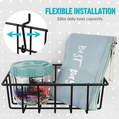 Pegboard Organizer Set 16 Pack With Bins Baskets Cups Hooks And J Hooks For One Eighth And One Quarter Inch Pegboards Black Holders showing a basket with jar and pouch for tool storage.
