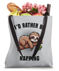 Sloth Themed Tote Bag For Nap Lovers I Would Rather Be Napping Design with groceries and flowers, 16x16 inch, canvas-like material.