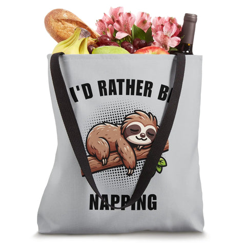 Sloth Themed Tote Bag For Nap Lovers I Would Rather Be Napping Design with groceries and flowers, 16x16 inch, canvas-like material.