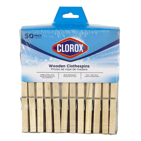 Tough As Nails Wooden Clothespins With Heavy Duty Spring Clip For Line Drying Laundry And Chip Bag Sealing Rust Resistant Coiled Design Non Slip Grip Bulk Pack Of 50 in clear packaging.
