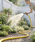 Yellow Short Garden Hose 3/4 Inch By 10 Feet No Kink Leak Free Flexible PVC Water Hose in use for watering garden