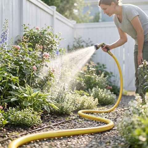 Yellow Short Garden Hose 3/4 Inch By 10 Feet No Kink Leak Free Flexible PVC Water Hose in use for watering garden