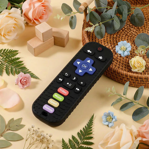 Realistic Remote Control Teether Toy For Babies, Sensory Silicone Chew Toy For Teething Relief, BPA Free Gadget on floral background