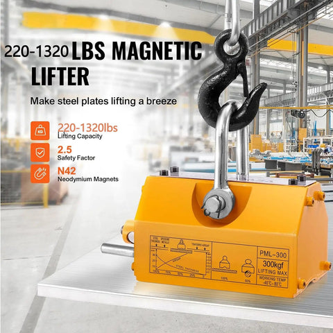 Heavy Duty Permanent Lifting Magnet With 600 Kilogram Capacity And Magnetic Steel Plate Handler Plus Chrome Finished Hook For Professional Workshop Jobs On Round Bars That Get The Job Done Right, showcasing lifting magnet in industrial setting.