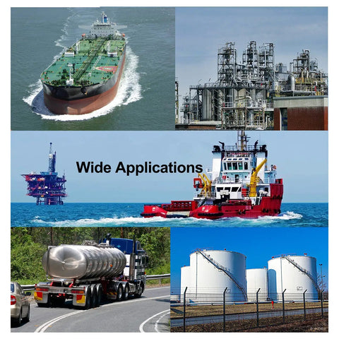 Collage of ships, oil refinery, and tanker truck demonstrating the wide applications of Heavy Duty Oil Gauging Tape With 560g Brass Plumb Bob