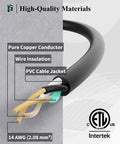 Close-up of 25 Ft Outdoor Extension Cord With Three Outlets, 14 Gauge SJTW Weatherproof Power Cable cutaway showing copper conductors and insulation.