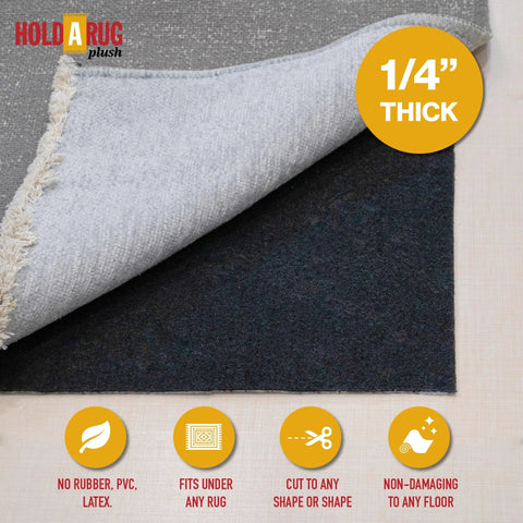 Nonskid Rug Pad 3' x 5' Plush Reversible Gripper One Quarter Inch Thick, safe for all floors and carpets, shown under rug.