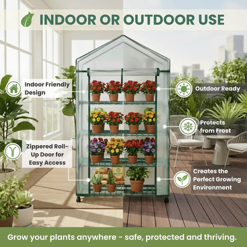 4 Tier Portable Greenhouse With Locking Wheels And PVC Cover For Indoor Or Outdoor Use, 27 Inch Wide Shelves That Hold 24 Lbs Per Tier, A Slick Mini Greenhouse For Seedlings, Herbs, And Small Plants