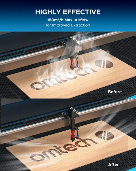 Smooth Rolling Heavy Duty Fume Extractor With Three Stage Air Filter and Killer Eighty Watt Motor extracting smoke from engraved wood.