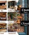 Double Sided Open Sign With Rope For Biz Hours Open Closed Sign 11 By 6.1 Inch Easy Flip Display outside a restaurant window