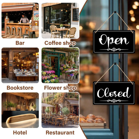 Double Sided Open Sign With Rope For Biz Hours Open Closed Sign 11 By 6.1 Inch Easy Flip Display outside a restaurant window