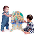 Deep Sea Adventure Wooden Toddler Activity Center with Clacking Clams. Two toddlers engaging with colorful ocean-themed activity table.