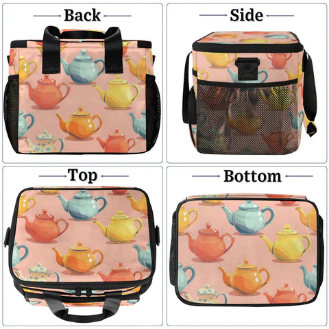 Insulated Picnic Backpack Lunch Bag For Women And Men, 12x8.7x10in, teapot pattern, shown from back, side, top, and bottom angles.