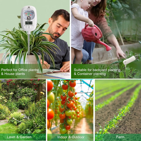 Seven In One Soil Tester With Digital Moisture PH Fertility Meter And Dual Screen Temperature And Humidity For DIY Indoor Outdoor Gardening Lawn Farm Use Ivory White in use with house plants and garden settings.
