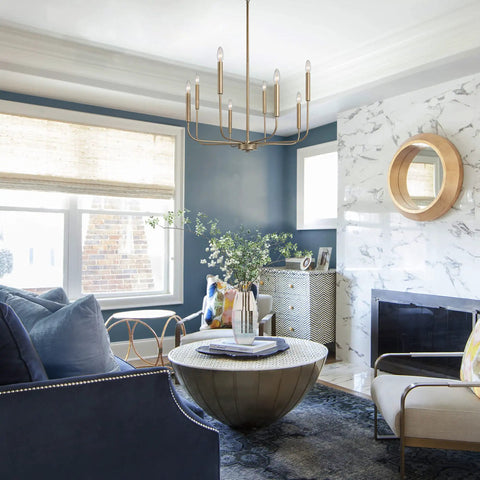 Dope Antique Gold Chandelier Modern Farmhouse Light Fixture With Eight Arms And Adjustable Height in elegant living room setting